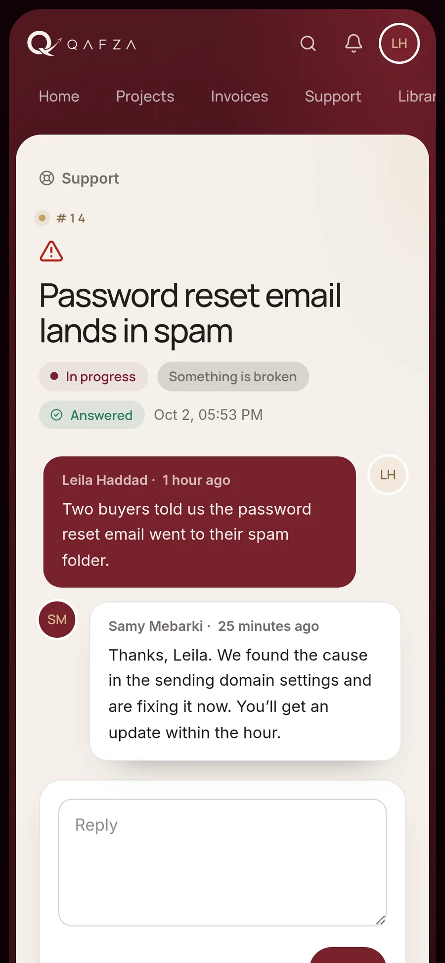 A support request on a phone